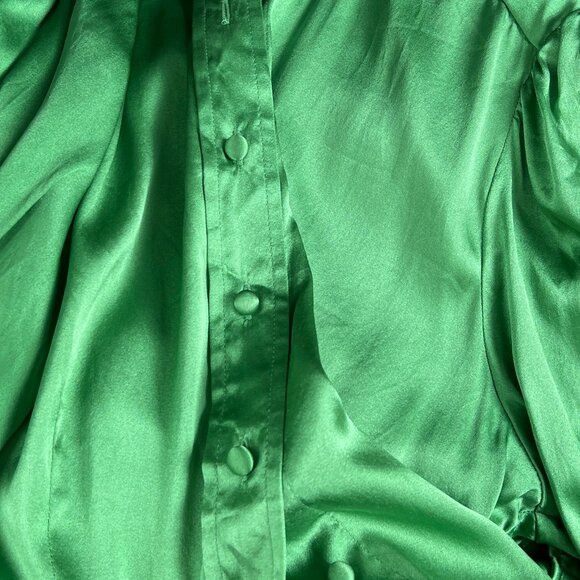 Vintage 100% Silk Rushed Puff Poof Sleeve Button Down Up Shirt Fitted Blouse Top - Picture 7 of 8